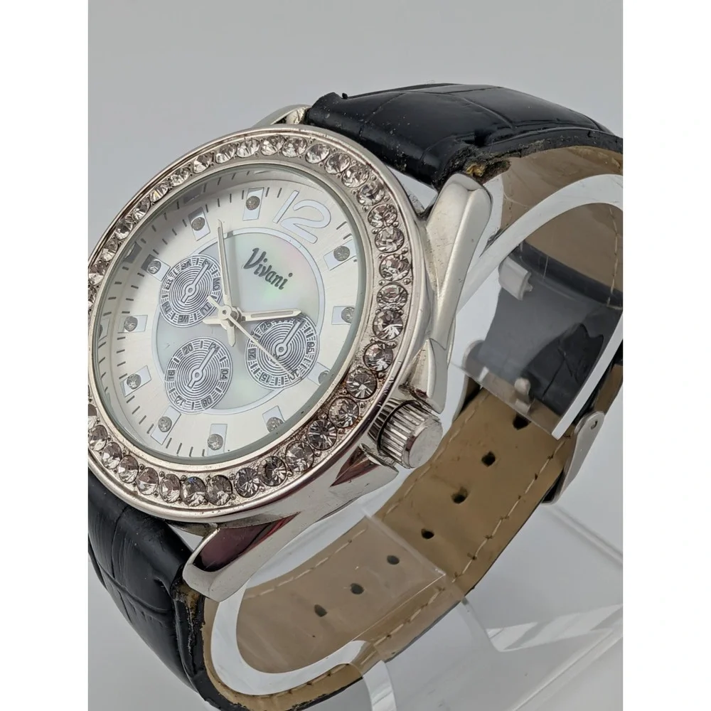 Vivani Watch Women 23mm Silver Tone‎ Case Black Band- New Battery
